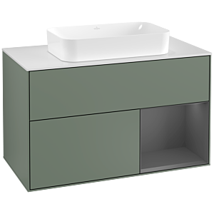 Villeroy und Boch Finion Waschtischunterschrank G251GKGM 100cm, Abdeckplatte white matt, Emotion, Regal rechts Anthracite matt, Olive Matt Lacquer